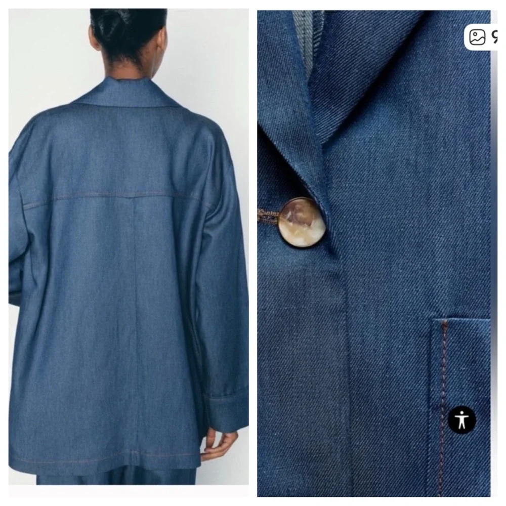 NWT! ZARA DENIM EFFECT OVERSIZED BLAZER and WIDE LEG PANTS INDIGO